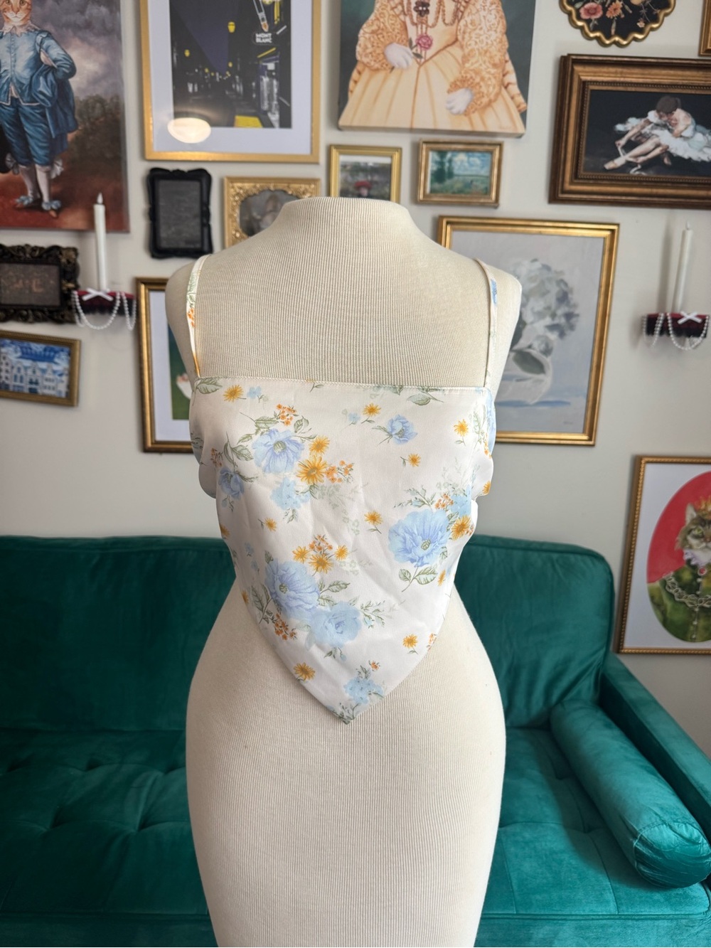 Forever 21 White Floral Satin Handkerchief Crop Top with Blue and Yellow Flowers